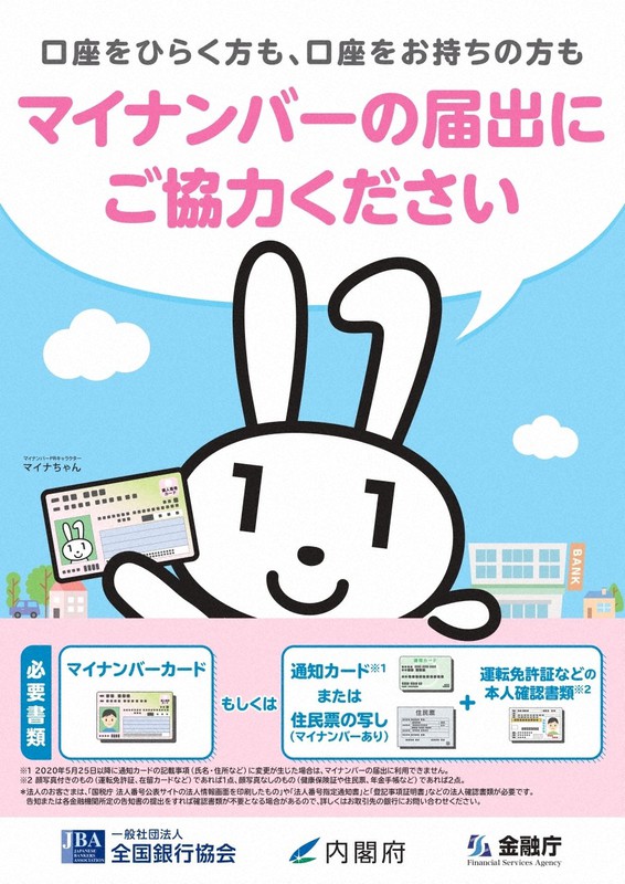 預金者にはマイナンバーの届け出協力を求めるにとどまる=全国銀行協会などが作製したポスター