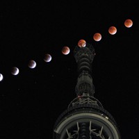 東京スカイツリーをかすめる皆既月食。左から右へと月が移動し、ツリー真上から右側が皆既状態になっている＝東京都墨田区で2011年12月10日、手塚耕一郎撮影（午後10時35分から5分間隔で撮影した画像を合成）