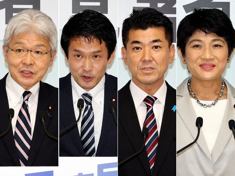 立憲民主党の代表選に立候補した(左から)逢坂誠二氏、小川淳也氏、泉健太氏、西村智奈美氏=いずれも東京都千代田区で2021年11月19日、幾島健太郎撮影