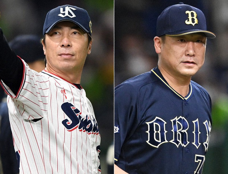 ヤクルトの高津臣吾監督(左)とオリックスの中嶋聡監督=いずれも東京ドームで2021年11月23日撮影