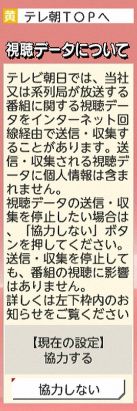 テレビのデータ放送画面上の視聴データ設定画面。初期設定は「協力する」になっている(フジテレビのもの)