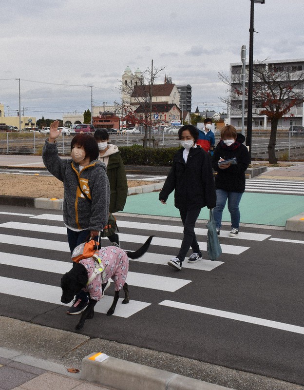 盲導犬、学生らと一緒にラウンドアバウトを横断する柳原さん（左端）＝香川県宇多津町で、川原聖史撮影