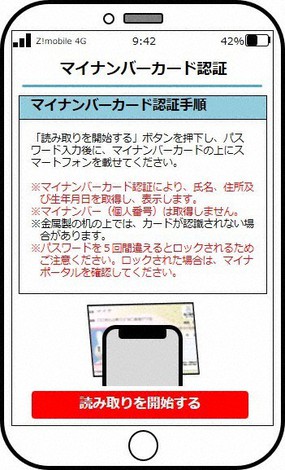 オンライン更新時講習でのマイナンバーカード認証をする際のスマートフォンの画面イメージ=警察庁提供
