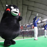 【大津町（ホンダ熊本）－東京都（東京ガス）】三回表、大津町の攻撃時に応援するくまモン＝東京ドームで2021年12月9日、佐々木順一撮影