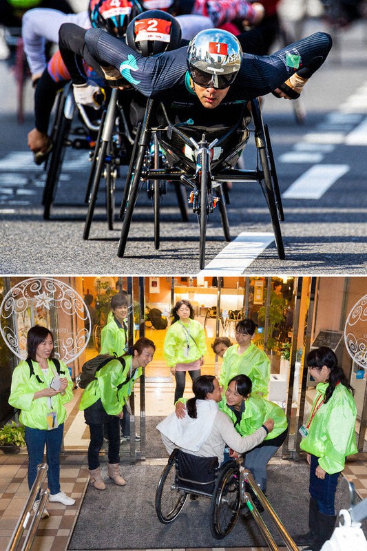 <上>11月の大分国際車いすマラソンで世界記録を樹立したマルセル・フグ<下>来日した選手たちを温かく出迎える通訳ボランティアのメンバーたち。右から2人目が池田裕佳子さん(2013年)=いずれも写真家・越智貴雄さん撮影