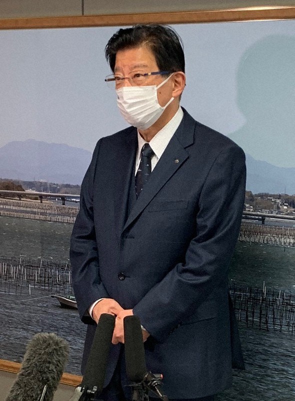 中間報告の取りまとめについて、「有識者会議の皆様に感謝を申し上げたい」と述べた川勝平太知事=静岡市葵区の県庁で2021年12月20日、金子昇太撮影