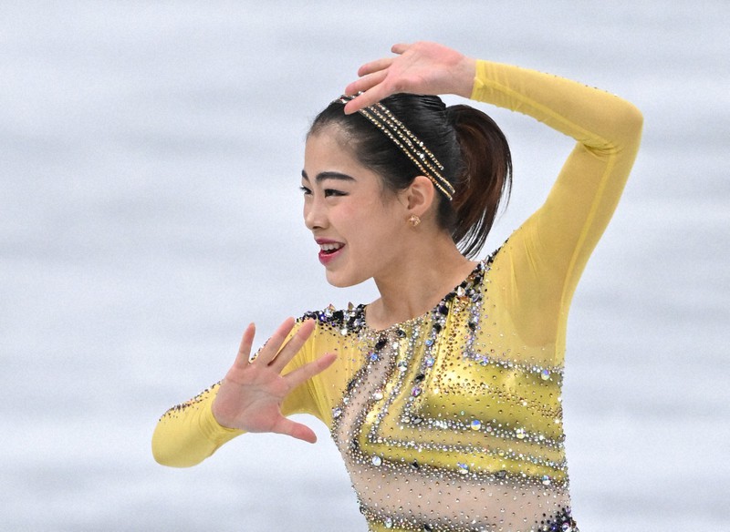 女子フリーで演技する横井ゆは菜＝さいたまスーパーアリーナで2021年12月25日、手塚耕一郎撮影