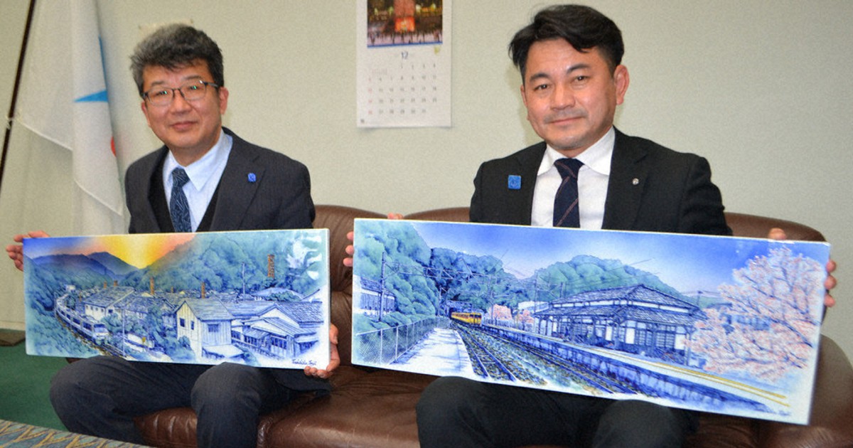 陶器市」玄関へ陶板 有田焼窯元の辻聡彦さん寄贈 桜や夕暮れの情景描き