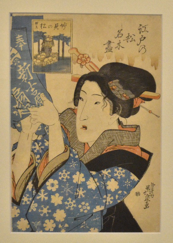 雪華模様の着物姿の女性が描かれた錦絵=茨城県古河市中央町の古河歴史博物館で2022年1月7日、安味伸一撮影