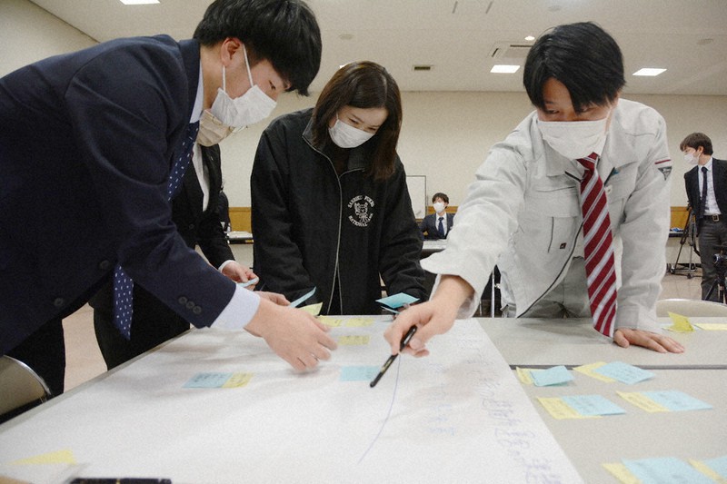 避難所運営で想定される課題と解決策について、意見を出し合う新入職員=宮城県気仙沼市で2022年1月17日、深津誠撮影