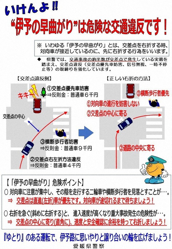 危険な 伊予の早曲がり 撲滅へ 愛媛県警が交差点集中取り締まり 毎日新聞