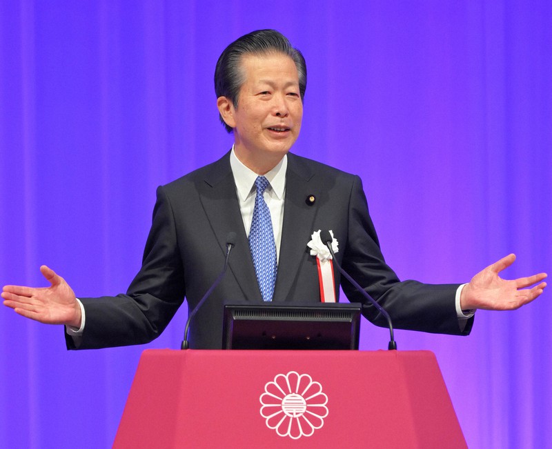 自民党大会であいさつする公明党の山口那津男代表=東京都港区で2022年3月13日午前10時9分、手塚耕一郎撮影