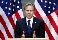 Secretary of State Antony Blinken speaks after viewing the "Burma's Path To Genocide" exhibit at the United States Holocaust Memorial Museum in Washington, on March 21, 2022. (Kevin Lamarque, Pool via AP)