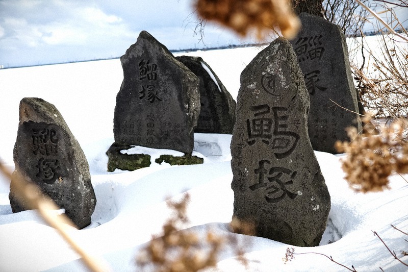 ボラへの感謝と供養のために江戸時代から昭和にかけて建立されたボラ塚=秋田県潟上市で2022年2月撮影