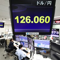 1ドル＝126円台となった円相場を示すモニター＝東京都港区の外為どっとコムで2022年4月13日午後4時58分、吉田航太撮影