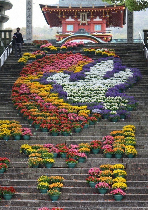 大石段に 花回廊 希望テーマのモザイク画 防府天満宮 山口 毎日新聞
