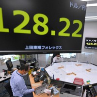 1ドル＝128円台となった円相場を示すモニター＝東京都中央区の上田東短フォレックスで2022年4月19日午後3時16分、手塚耕一郎撮影