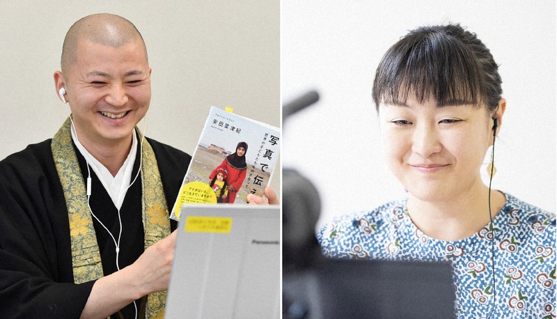 メディアにあふれがちな言葉や、「役に立つ」ことを基準としがちな社会の危うさについてオンラインで語り合う、㊧僧侶の小池陽人さん=菱田諭士撮影=と、㊨フォトジャーナリストの安田菜津紀さん=佐藤慧さん撮影