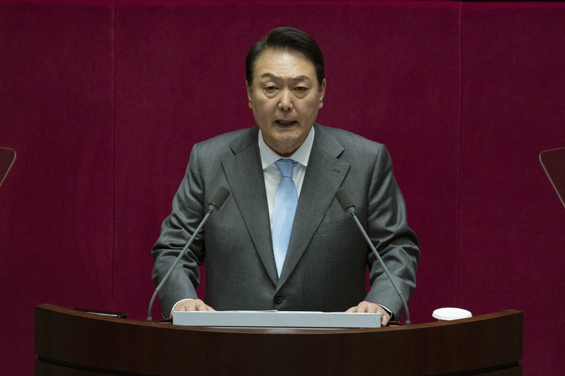 施政方針演説をする韓国の尹錫悦大統領=ソウルで2022年5月16日、AP