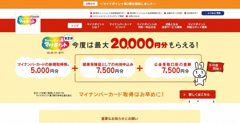 「マイナポイント」について案内するウェブサイト