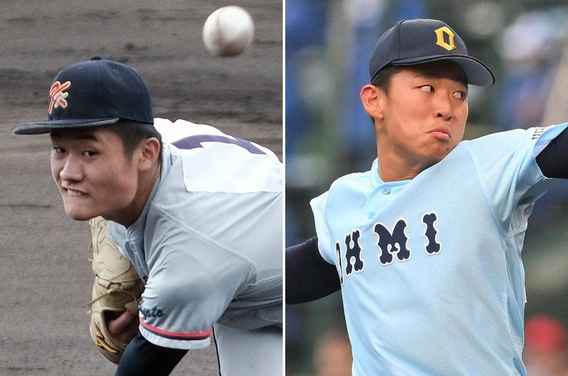 京都国際の森下瑠大投手(左)と、近江の山田陽翔投手=千金良航太郎、北山夏帆撮影