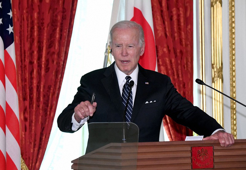 岸田文雄首相と日米共同記者会見を行うバイデン米大統領=東京・元赤坂の迎賓館で2022年5月23日午後2時42分(代表撮影)
