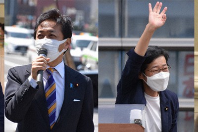 （右から）自民党員の会合で出席者に手を振る茂木敏充幹事長▽街頭演説に集まった人たちに手を振る倉林明子・共産党副委員長▽静岡駅前で演説する玉木雄一郎・国民民主党代表▽平山氏の事務所開きであいさつする藤井嗣也・アイワホールディングス会長＝いずれも静岡市で