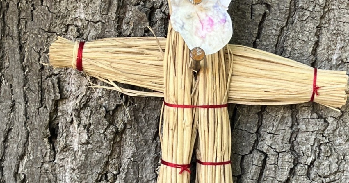 Straw dolls with pictures resembling Putin nailed on trees at several