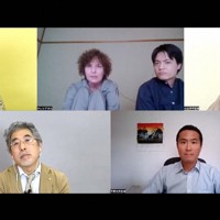 オンラインイベントに登壇する（左上から時計回りに）安田菜津紀さん、オレシア・サブリバさん、山田尚弘記者、小出洋平記者、平野光芳ヨハネスブルク支局長、杉尾直哉元モスクワ支局長＝ウェブ会議システム「Zoom」の画面から