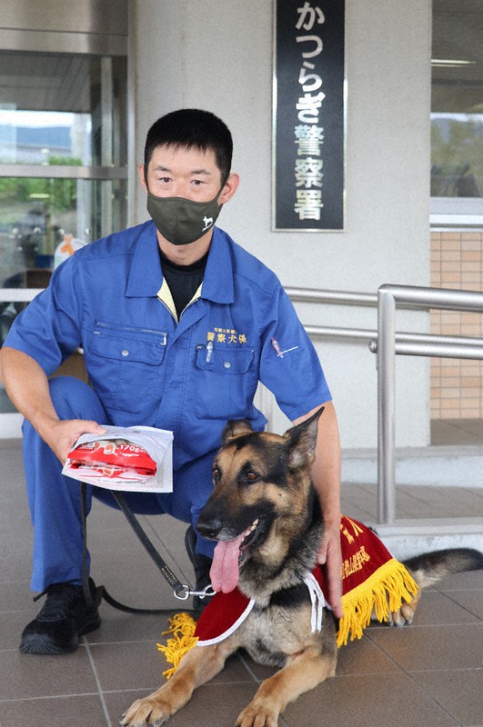 お手柄、ヨハン号表彰 巡査部長と協力、女性救助 かつらぎ署 ／和歌山 毎日新聞