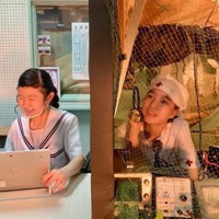 那覇市立安岡中の生徒たちが制作した映像作品の一場面。戦場にいる学徒隊の少女（右）と、現代の中学生たちが時空を超えて会話する＝安岡中提供