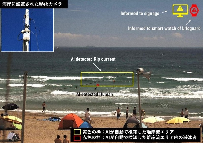AIを活用し、離岸流や遊泳者の状況を知らせる「海辺のみまもりシステム」=日本ライフセービング協会提供
