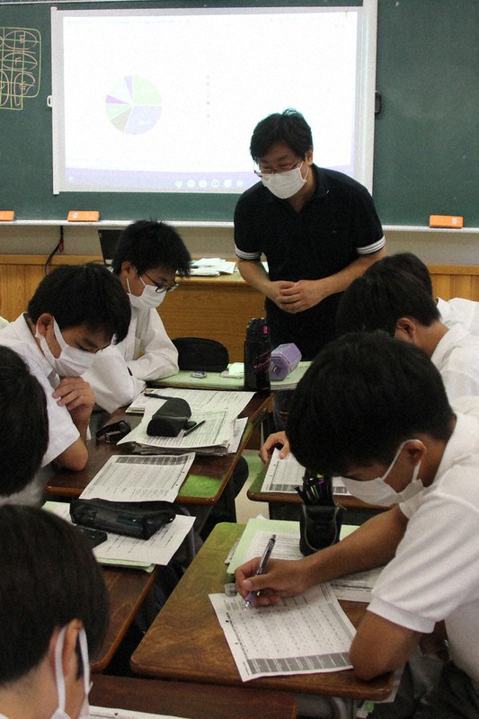 各党と自分の意見の一致度が分かる「ボートマッチ」の質問に答える生徒らと華井裕隆教諭(中央奥)=さいたま市で2022年6月30日、岡礼子撮影