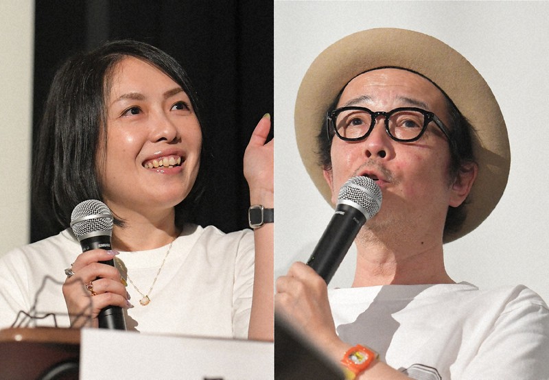 トークイベントで旦過市場の魅力などを語る町田そのこさん（左）とリリー・フランキーさん＝北九州市小倉北区の小倉昭和館で2022年6月28日、上入来尚撮影