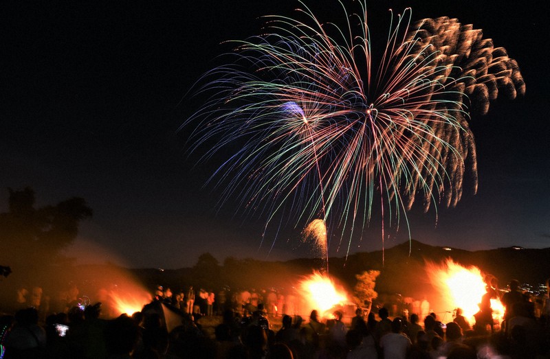 Burning reed grass, fireworks light up shore of Japan's largest lake