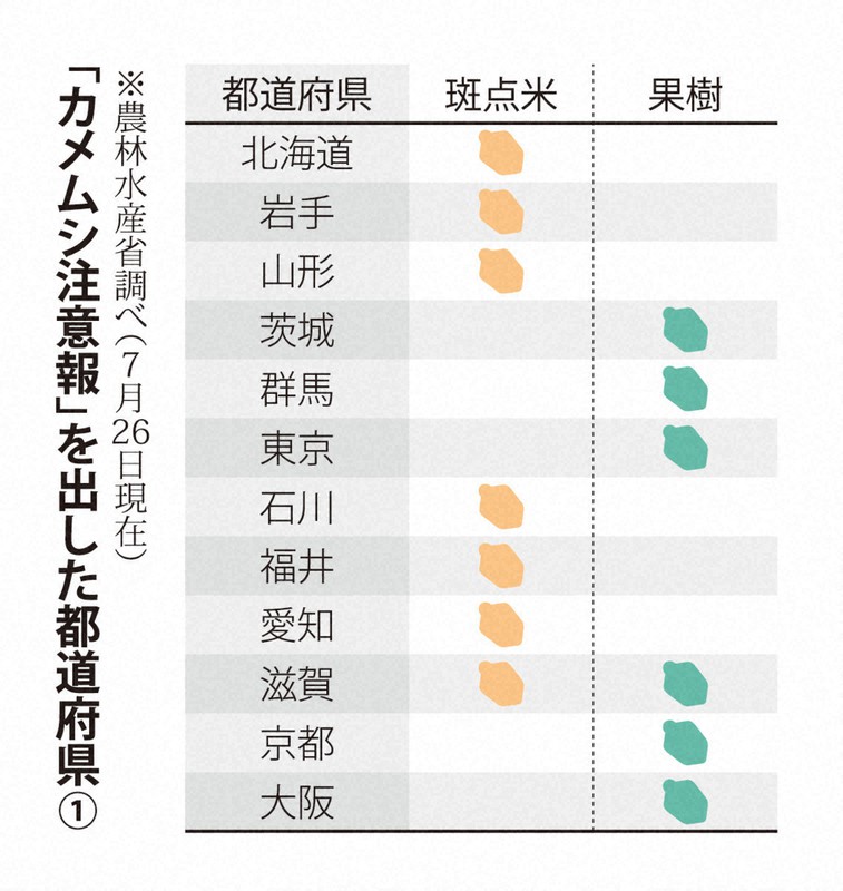 「カメムシ注意報」を出した都道府県