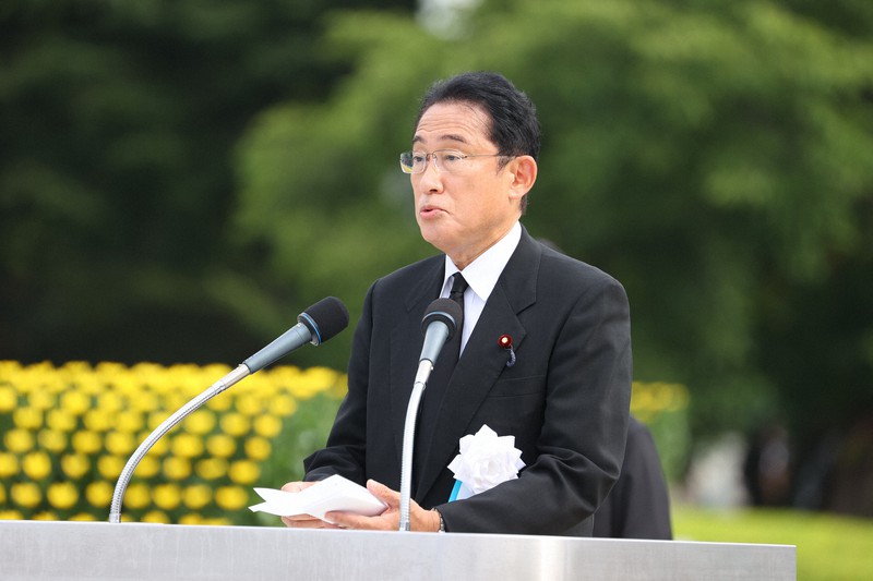 平和記念式典であいさつする岸田文雄首相=広島市中区の平和記念公園で2022年8月6日午前8時31分、滝川大貴撮影
