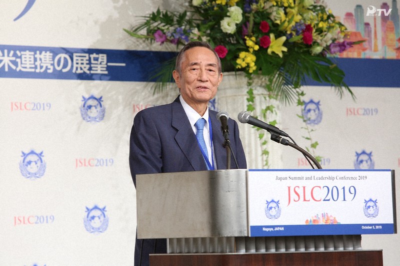 2019年10月、世界平和統一家庭連合(旧統一教会)の友好団体が名古屋市で開いたイベントであいさつする細田博之氏=旧統一教会の関連サイトから