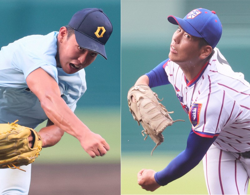 近江の山田陽翔(左)と下関国際の古賀康誠