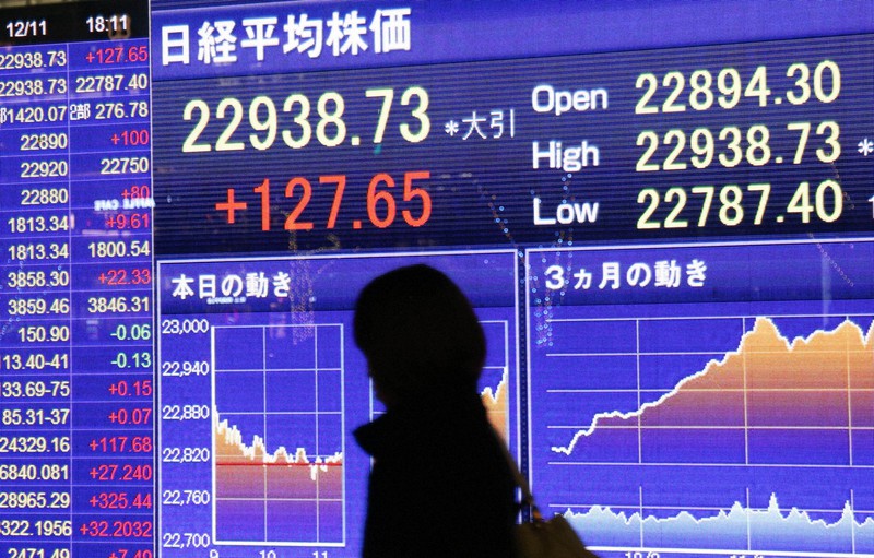 バブル崩壊後の最高値を更新した日経平均株価を示す掲示板=2017年12月11日、丸山博撮影