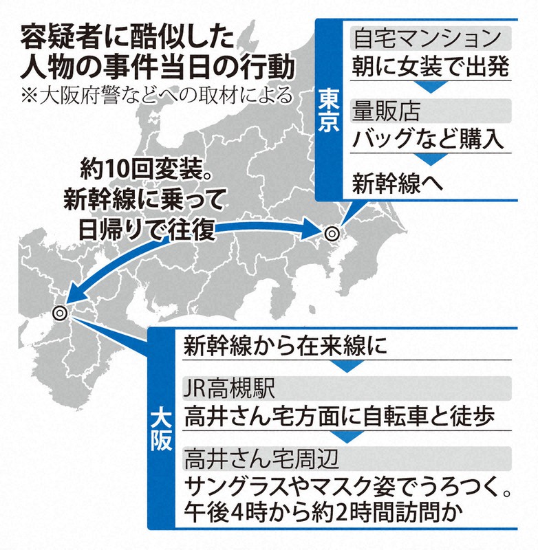 容疑者は女装も 服装を10回替えて移動か 大阪 高槻女性殺害 写真特集1 2 毎日新聞