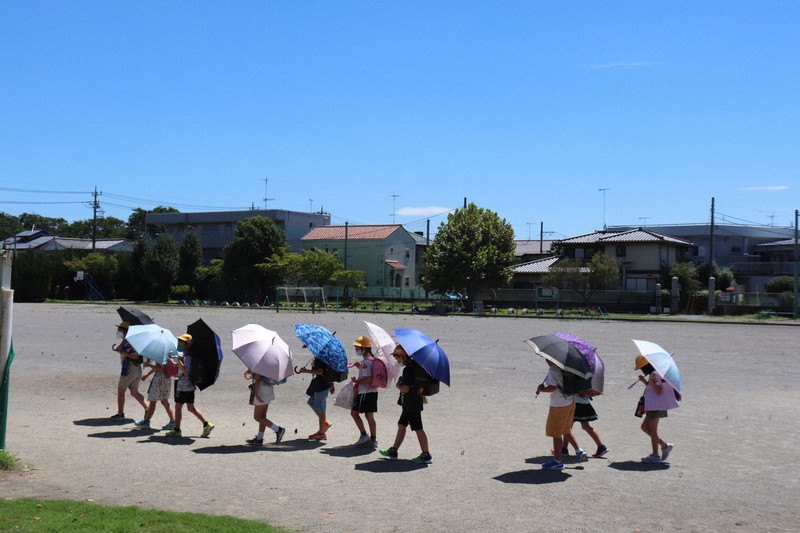 日差しを避けるため、傘を差して下校する児童ら=埼玉県熊谷市の市立石原小で2022年8月19日午前11時32分、後藤豪撮影