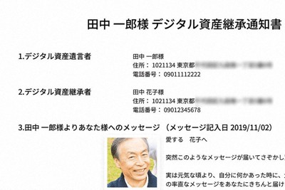 「デジタルキーパー」の会員が亡くなった時、あらかじめ指定した人にメール送信される「デジタル資産継承通知書」のイメージ＝デジタル金庫提供