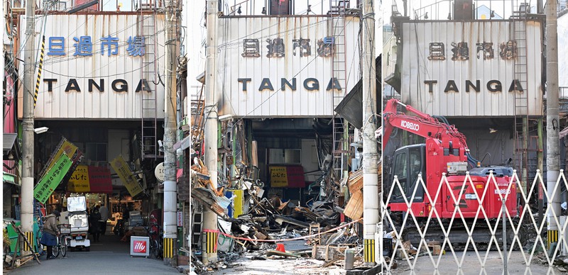 (写真左)火災に見舞われる前の「旦過市場」東側出入り口=2022年1月22日撮影(同中央)2度目の大規模火災で焼失し、がれきが散乱する出入り口=2022年8月18日(同右)発生から10日で1カ月。重機でがれきの撤去作業が進められる出入り口付近=2022年9月9日=北九州市小倉北区で、いずれも平川義之撮影
