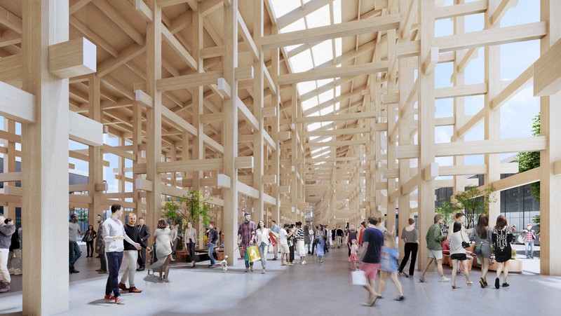 2025年大阪・関西万博会場のシンボルになる大屋根の内部のイメージ図。来場者として外国人や家族連れは描かれているが、車いす利用者らの姿は見当たらない=2025年日本国際博覧会協会提供