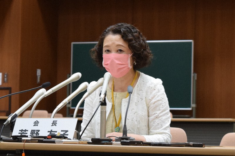 記者会見で安倍晋三元首相の国葬に参列する意向を表明した連合の芳野友子会長=東京都千代田区で2022年9月15日午後4時18分、奥山はるな撮影