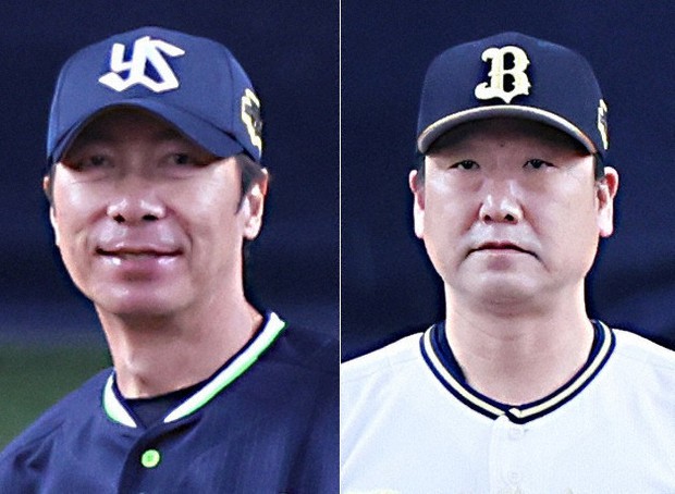 ヤクルトの高津臣吾監督(左)とオリックスの中嶋聡監督=いずれも京セラドーム大阪で2022年10月25日、中川祐一撮影