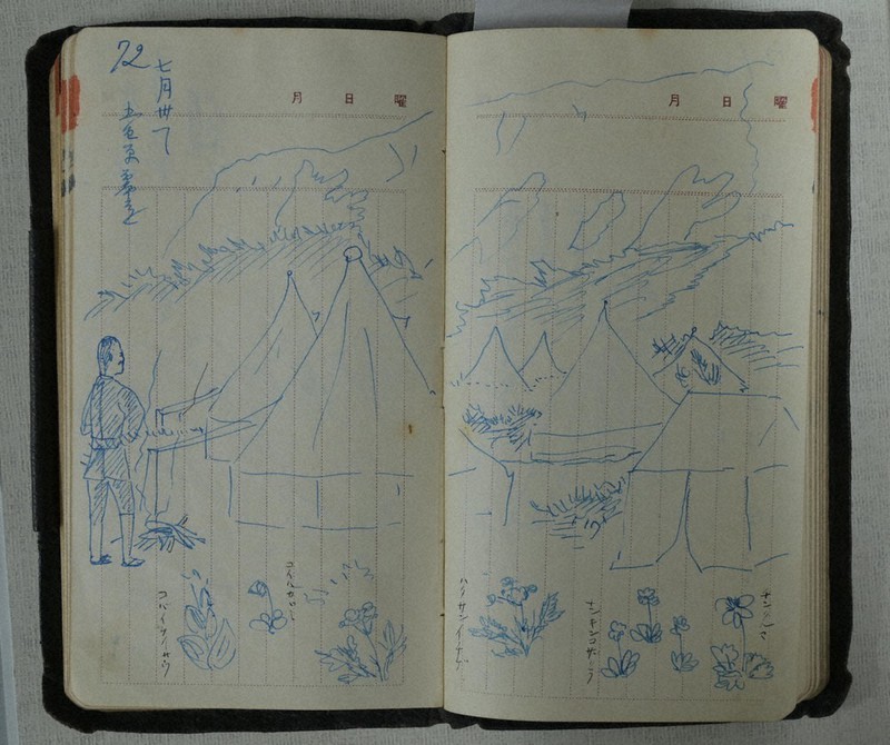 新たに見つかった矢沢米三郎のノート。調査中のキャンプ地と植物をスケッチしている=松本市で2022年10月25日午後1時42分、去石信一撮影