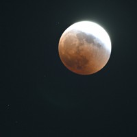 月食で次第に欠けていき、赤銅色が見え始めた満月。左下の明るい方の星が、これから月に隠れる天王星＝東京都墨田区で2022年11月8日午後7時2分、手塚耕一郎撮影