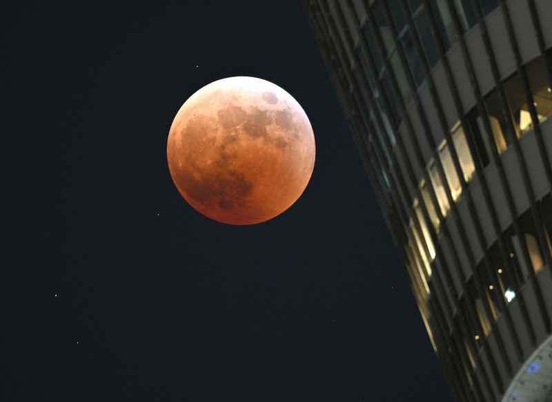 東京スカイツリーの傍らで皆既月食となった満月。月の左下の明るい方の星が、月に隠れる前の天王星＝東京都墨田区で2022年11月8日午後7時16分、手塚耕一郎撮影